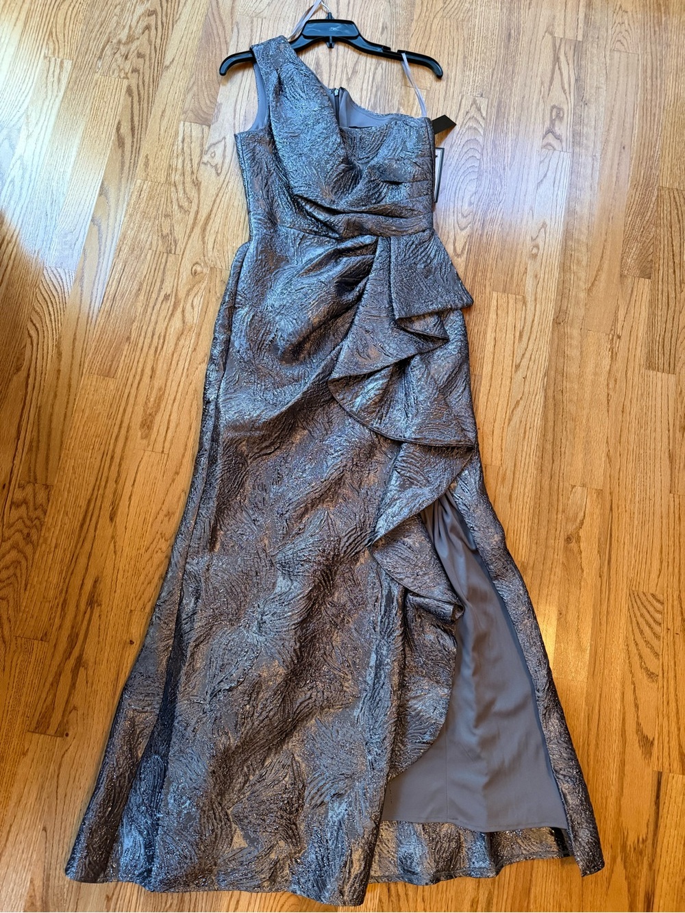 Xscape Metallic One-Shoulder Ruffle Gown - Gunmetal